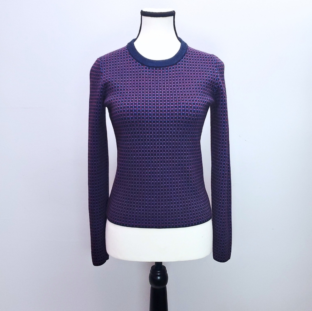 Kenzo Paris Small Wool Blend Knit Sweater in Blue, Navy & Red Grid Pattern